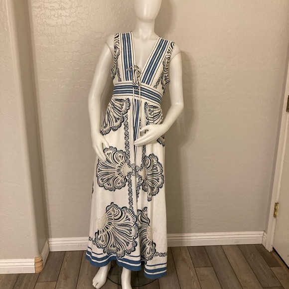 Christian Lacroix Linen Blend Blue and White Seashell Maxi Dress Small Christian Lacroix Linen Blend Blue and White Seashell Maxi Dress Small